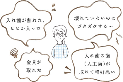 入れ歯が割れた・ヒビが入った・金具が取れた・入れ歯の歯（人工歯）が取れて格好悪い・壊れていないのにガタガタする…